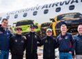 Wolfram Simon-Schröter, Ayhancan Güven, Jordan Pepper, Lucas Auer, Fabio Scherer und ADAC Motorsportchef Thomas Voss (l-r)