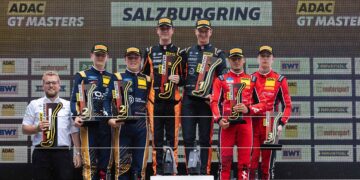 Das Podium am Salzburgring: Fabian Dybionka, Emil Gjerdrum, Leyton Fourie, Tim Zimmermann, Kiano Blum und Niklas Kalus (v.l.)